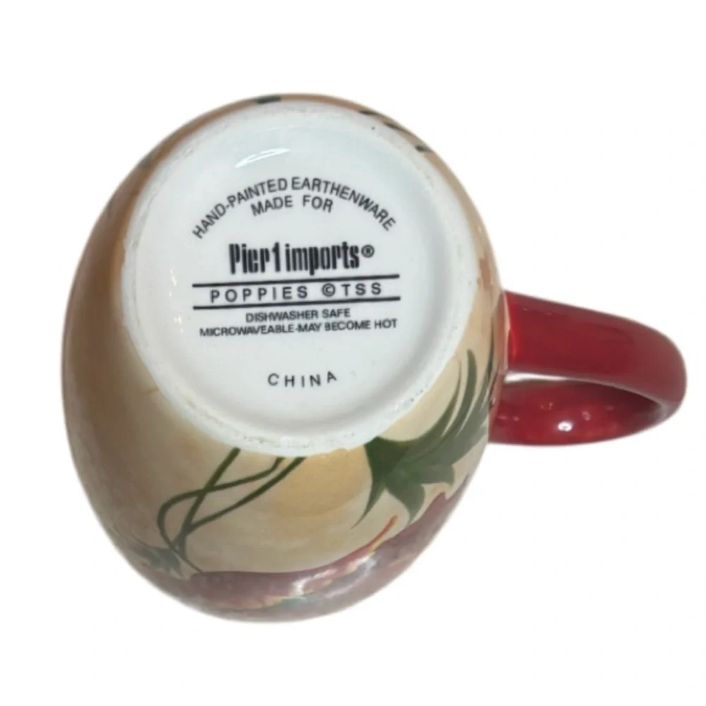 Pier 1 Poppies Mug 4 Piece Set Hand Painted Earthenware Replacements Red Floral